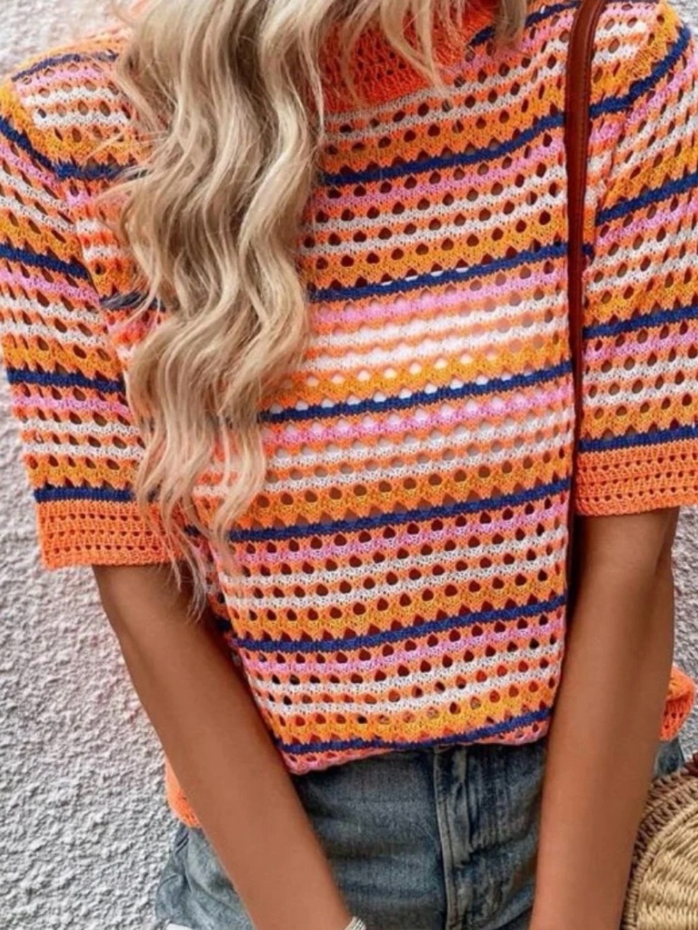SHEIN Bright Orange Open-Knit Multicolor Stripe Top
